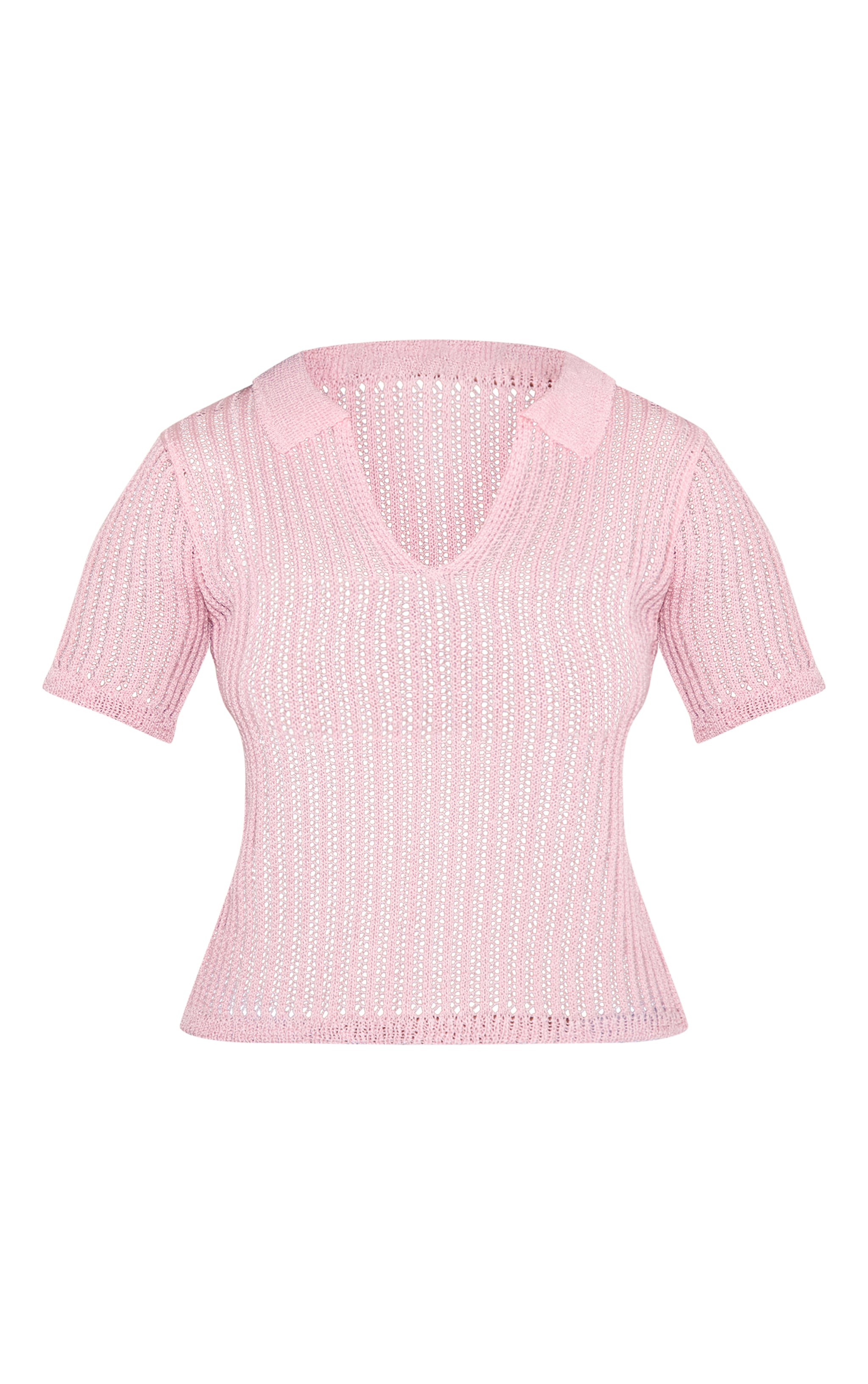 Top polo en maille tricot rose à col en V image 5