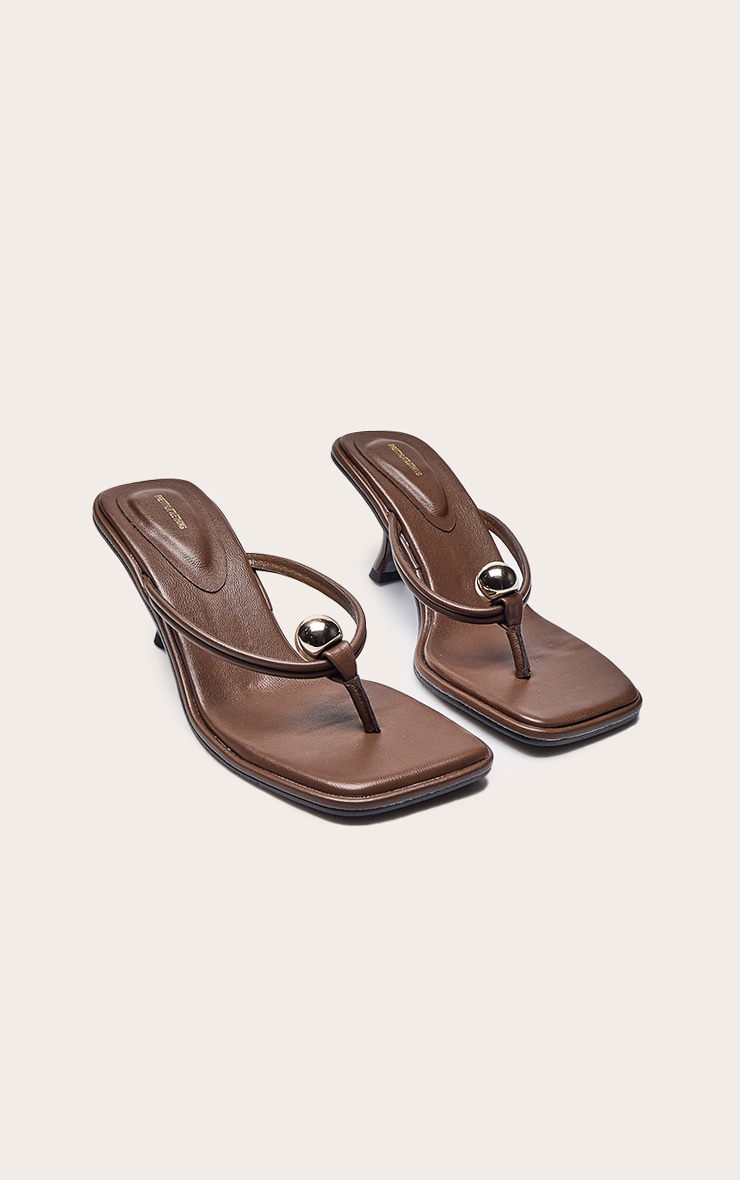 Chocolate Pu Square Toe Thong Gold Trim Mid Heeled Mules image 3