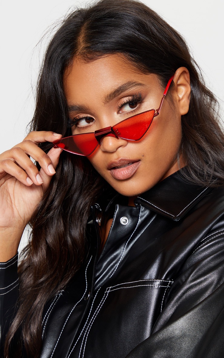 Red Tinted Angled Almond Shaped Sunglasses