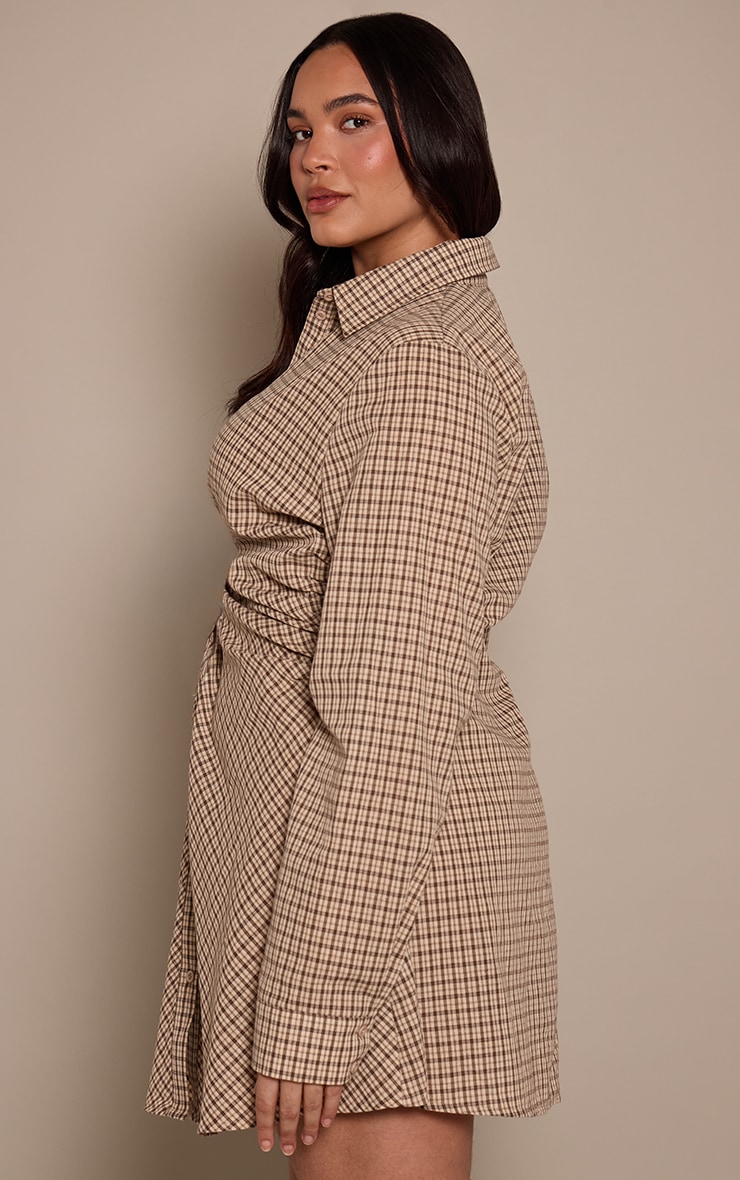 Plus  Cream Check Button Down Ruched Long Sleeve Shirt Dress image 2