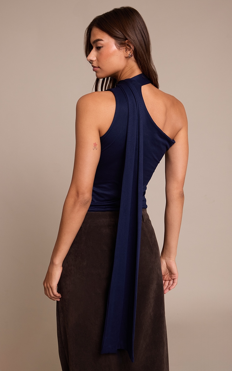 Navy Double Layer Soft Touch Scarf Detail Long Top image 2