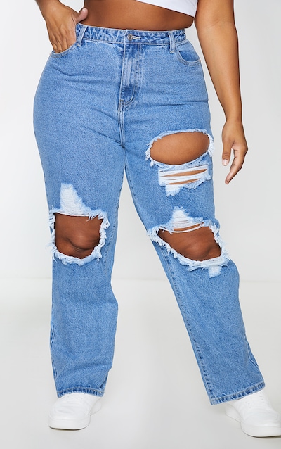 PRETTYLITTLETHING Plus Mid Blue Ripped Straight Leg Jeans