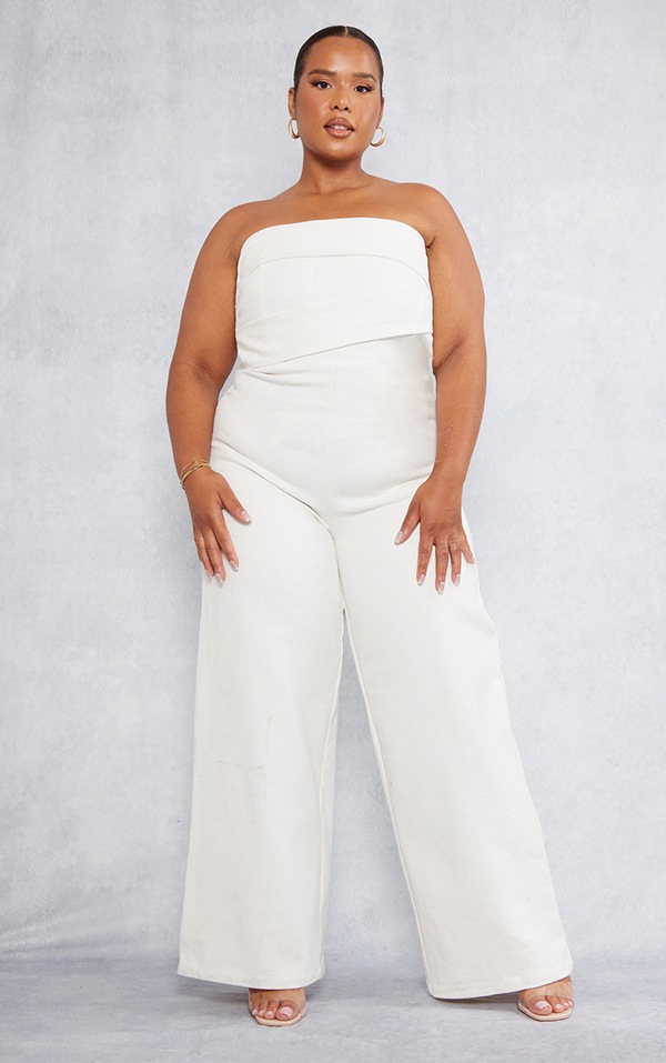 Plus Cream Linen Look Ruched Bust Bandeau Jumpsuit PrettyLittleThing