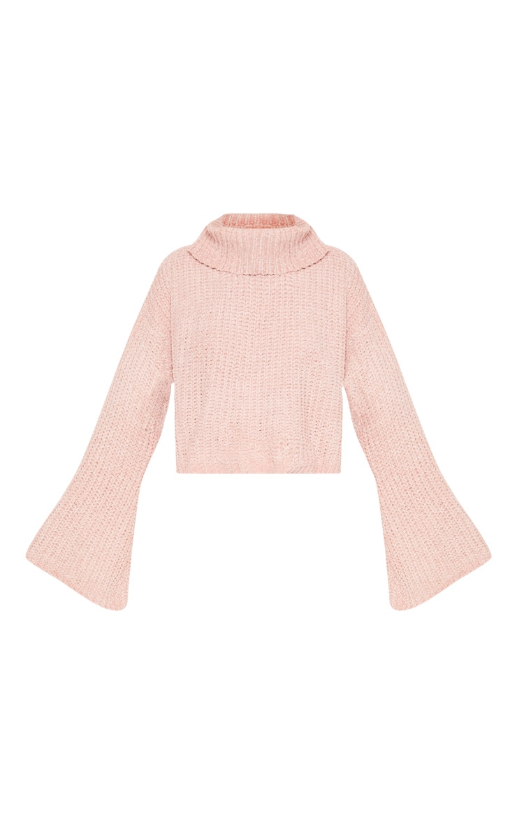 Pink Chenille Cropped High Neck Knitted Sweater image 3