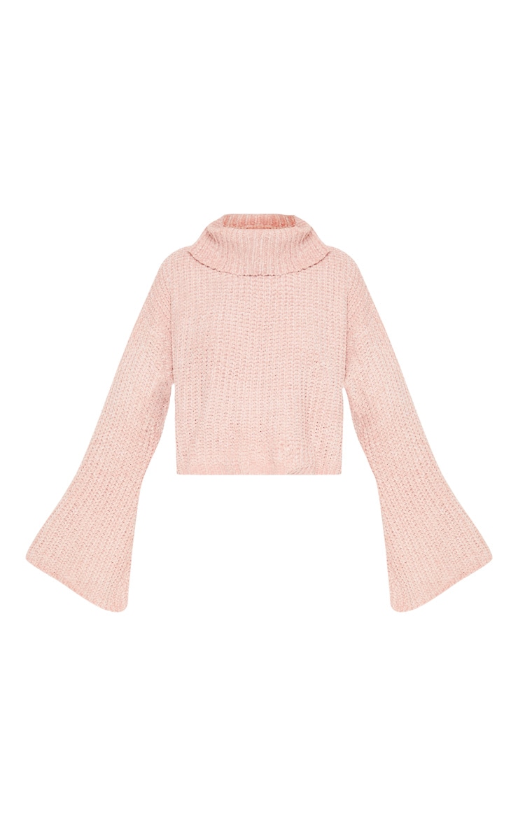 Pink Chenille Cropped High Neck Knitted Sweater image 3