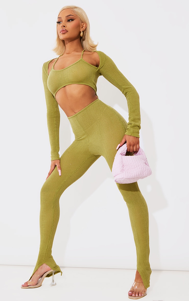 Olive Rib Halterneck Strap Cut Out Long Sleeve Jumpsuit PrettyLittleThing AUS