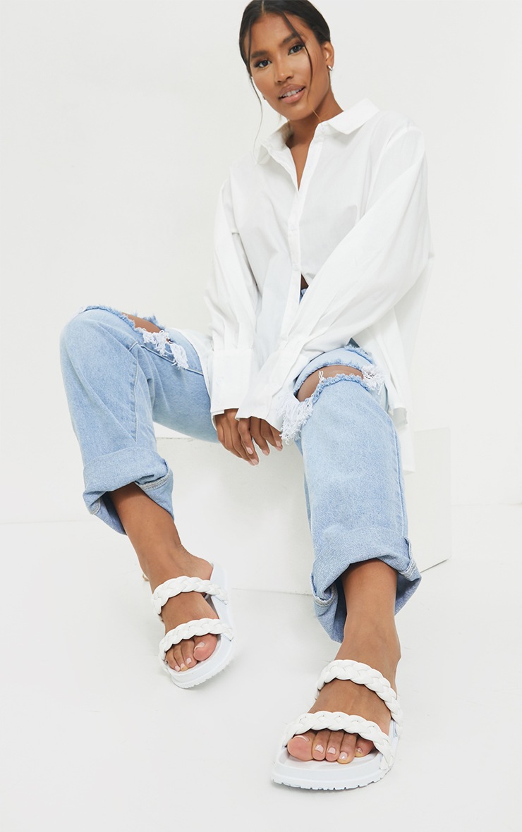 White PU Chunky Platted Twin Strap Footbed Sandals