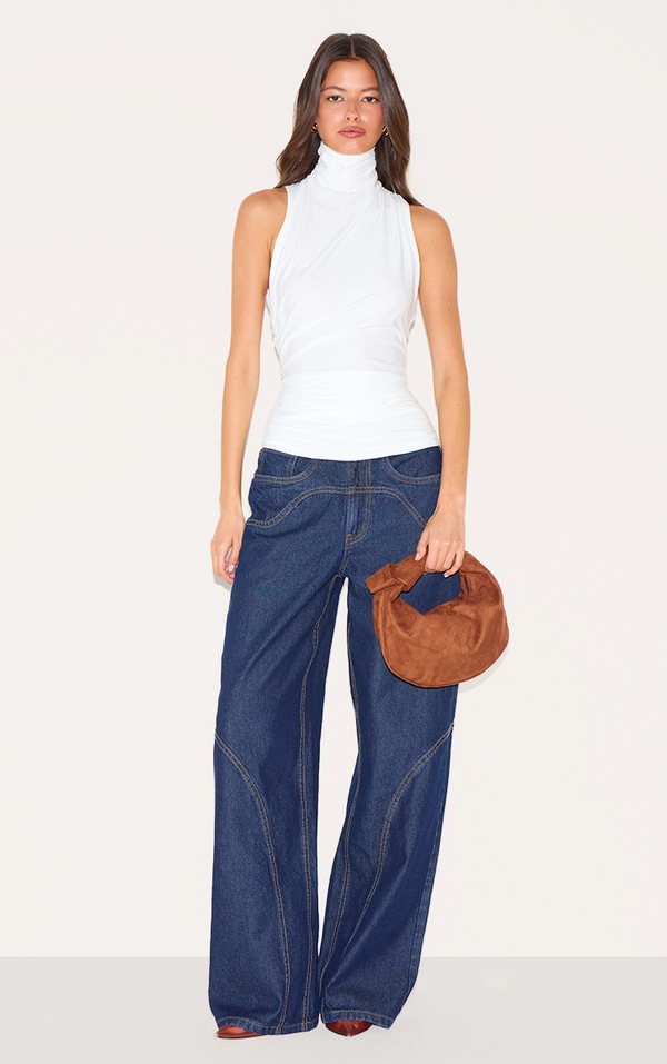 Cream Soft Touch Ruched Side High Neck Top image 3