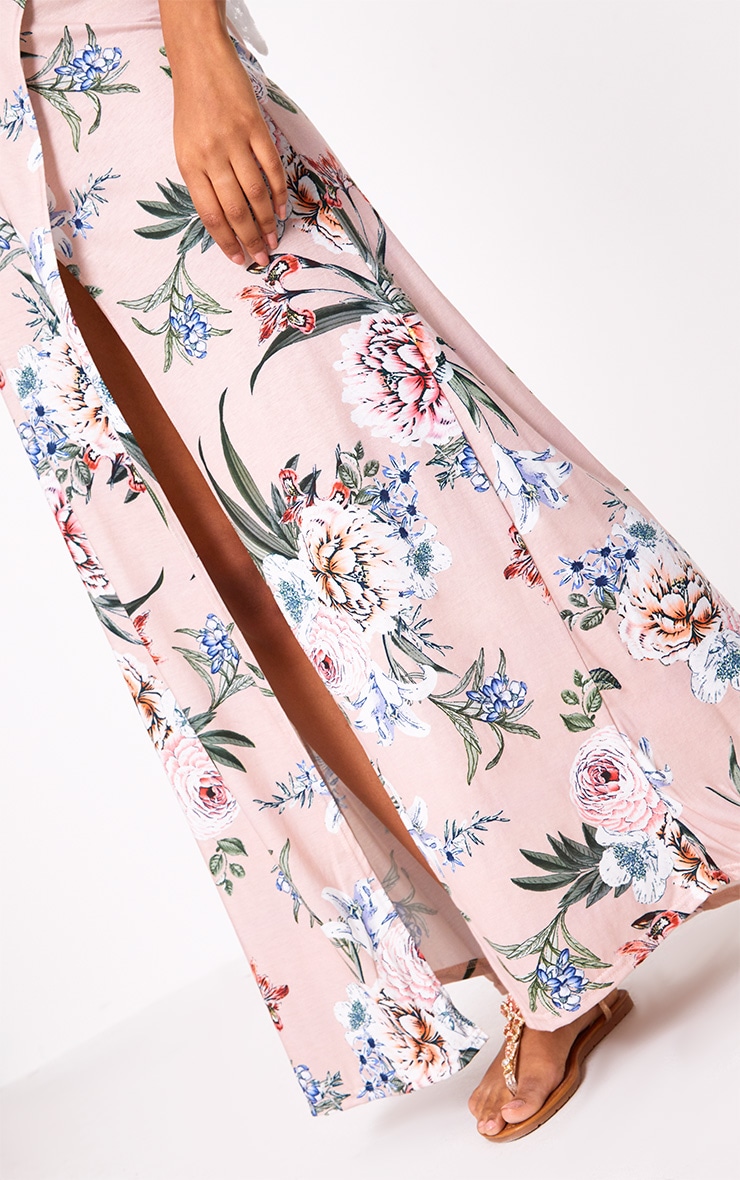 Nude Floral Wrap Maxi Skirt Skirts PrettyLittleThing