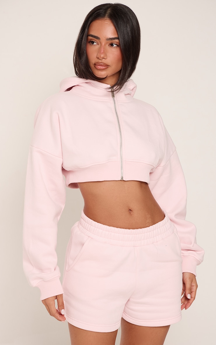 Petite Baby Pink Extreme Cropped Zip Up Hoodie