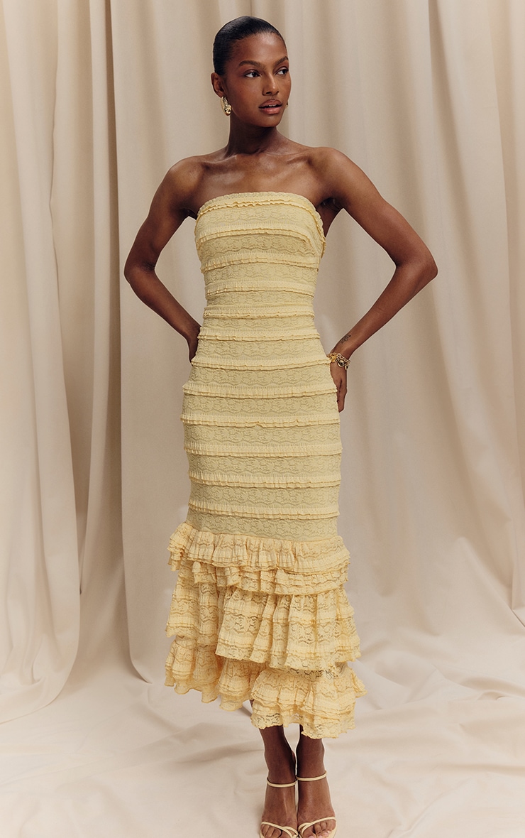 Lemon Textured Lace Frill Tiered Midaxi Dress | Dresses