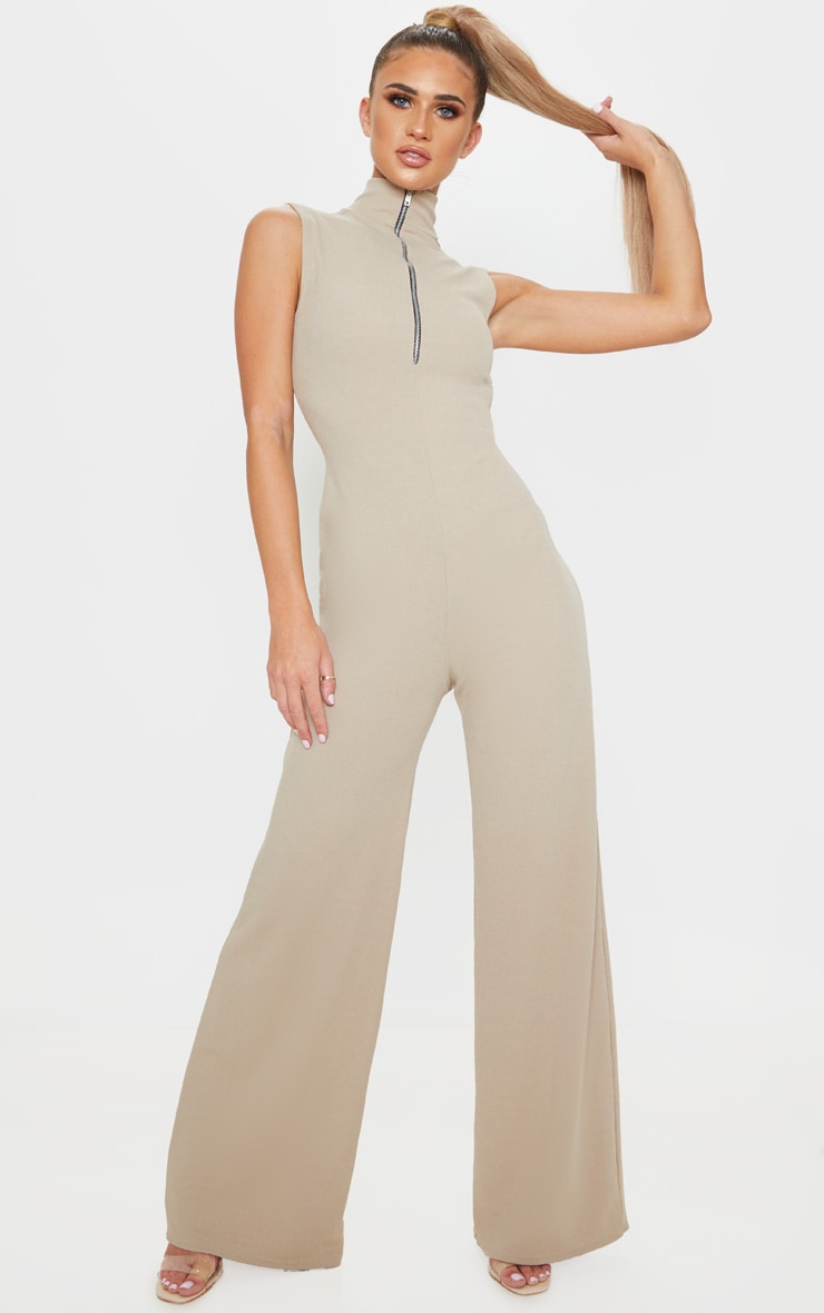 Stone High Neck Wide Leg Rib Jumpsuit