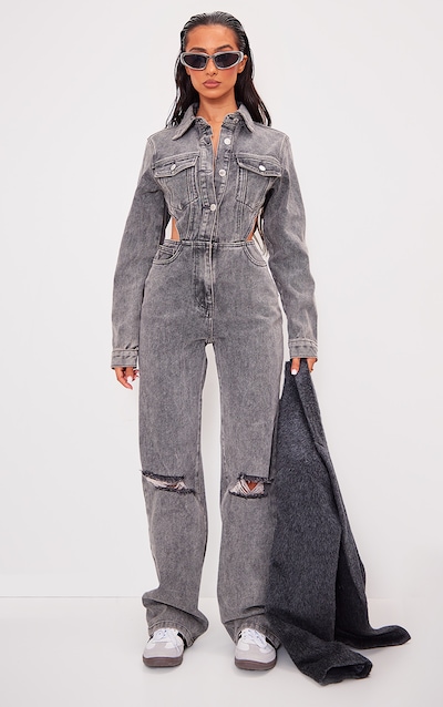 Petite Washed Grey Denim Cut Out Jumpsuit