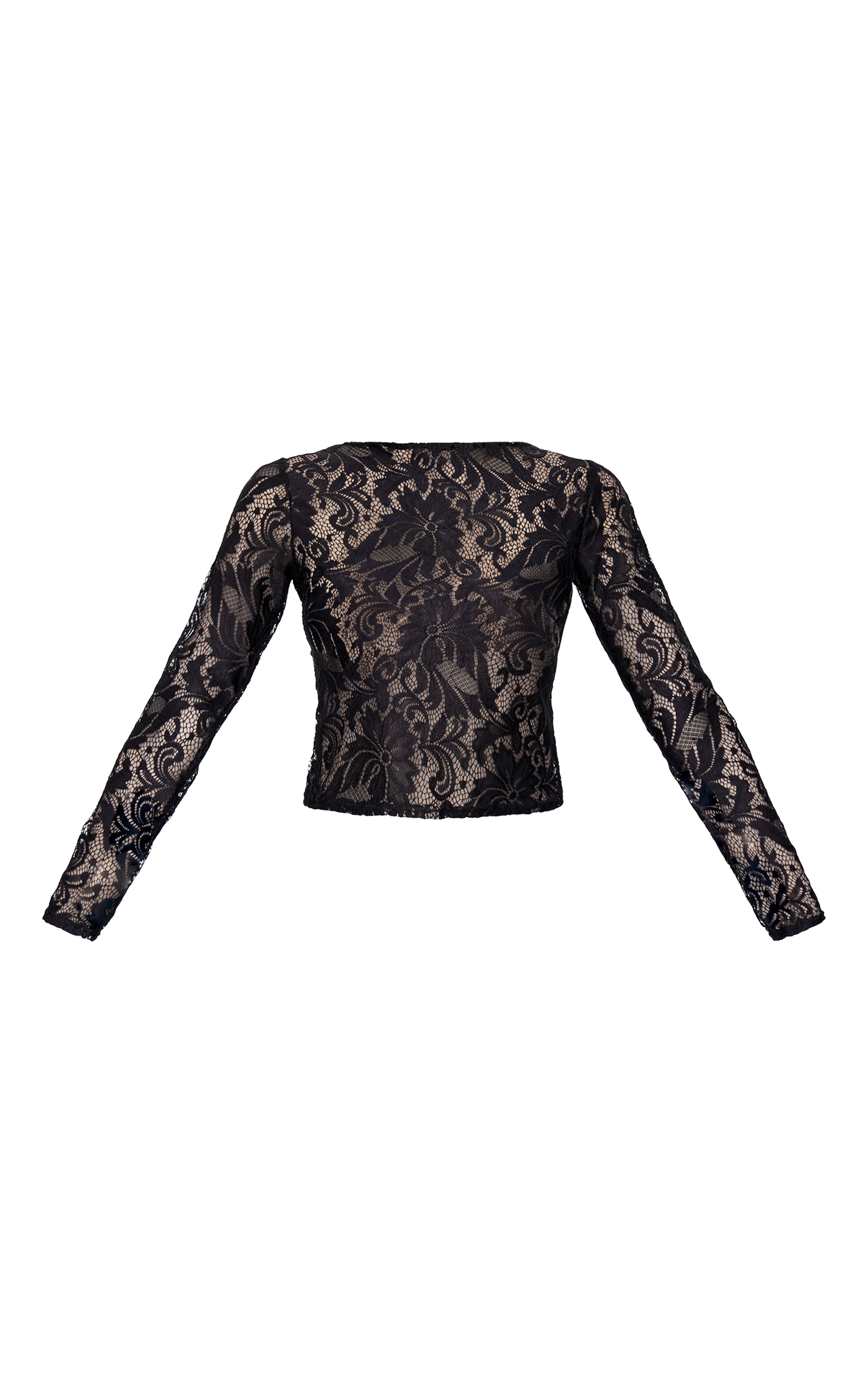 Top Long En Dentelle Noire À Manches Longues Et Col Bateau Tops