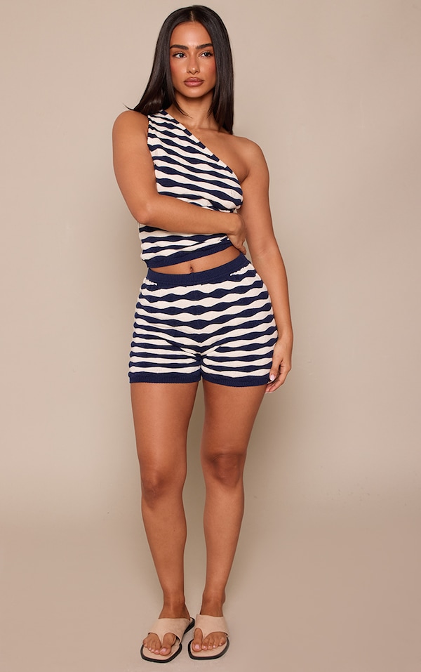 Petite Navy Knitted Striped Shorts