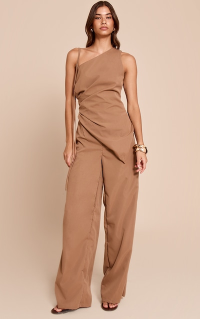 Tan Woven One Shoulder Wide Leg Jumpsuit