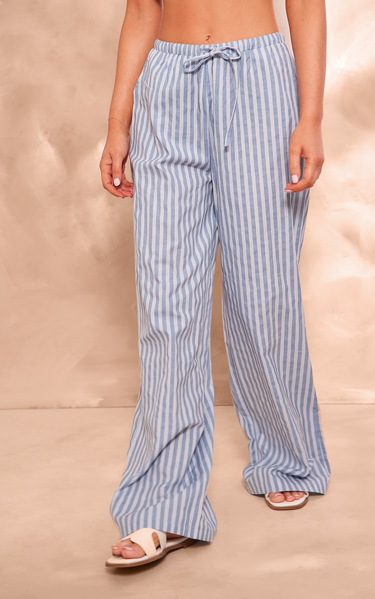 Light Blue Striped Linen Look Relaxed Drawstring Wide Leg Trousers image 2