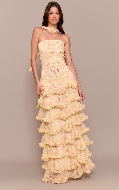 Pastel Yellow Chiffon Ditsy Floral Print Tiered Frill Maxi Dress