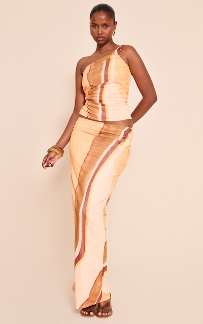 Yellow Abstract Print Mesh Ruched Maxi Skirt