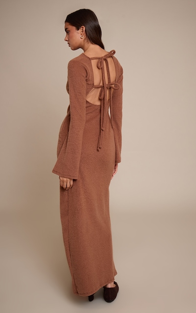 Chocolate Brushed Tie Back Long Sleeve Maxi Dress