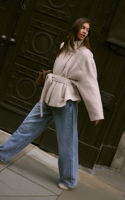 Beige Faux Brushed Wool Tie Waist Coat