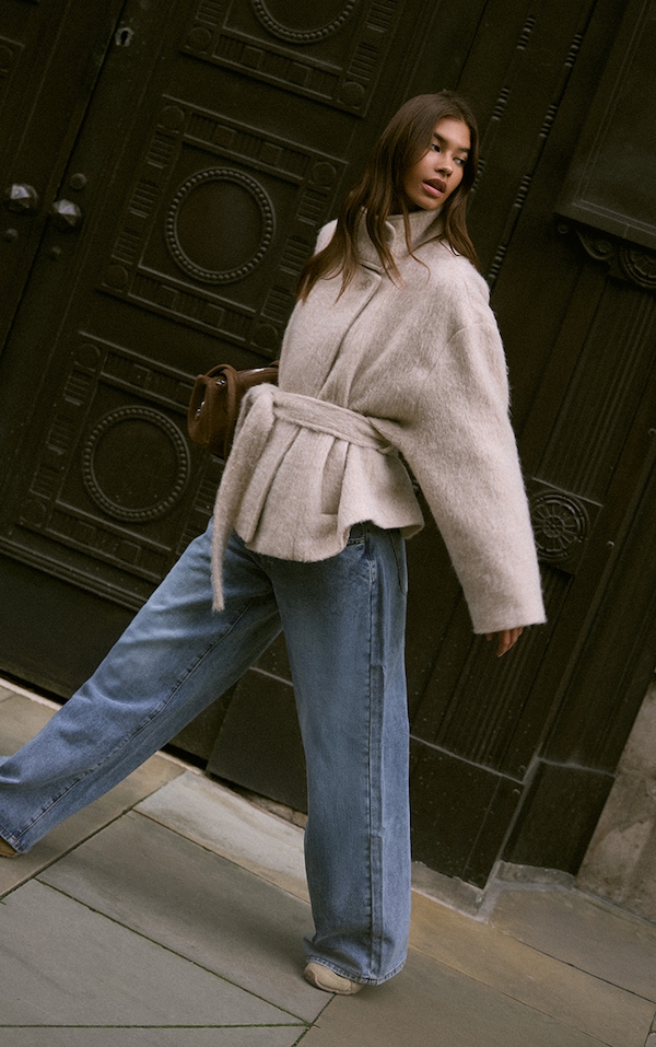 Manteau beige en faux effet laine brossé à nouer à la taille