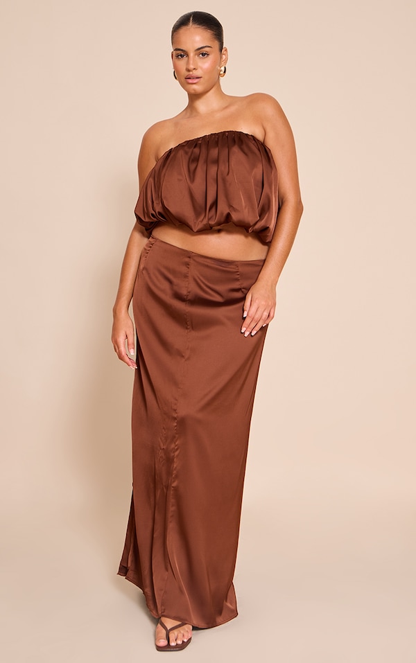 Plus Jupe longue satinée chocolat taille mi-haute