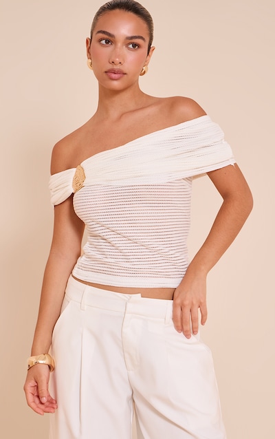 Top texturé crème à col bardot et empiècement