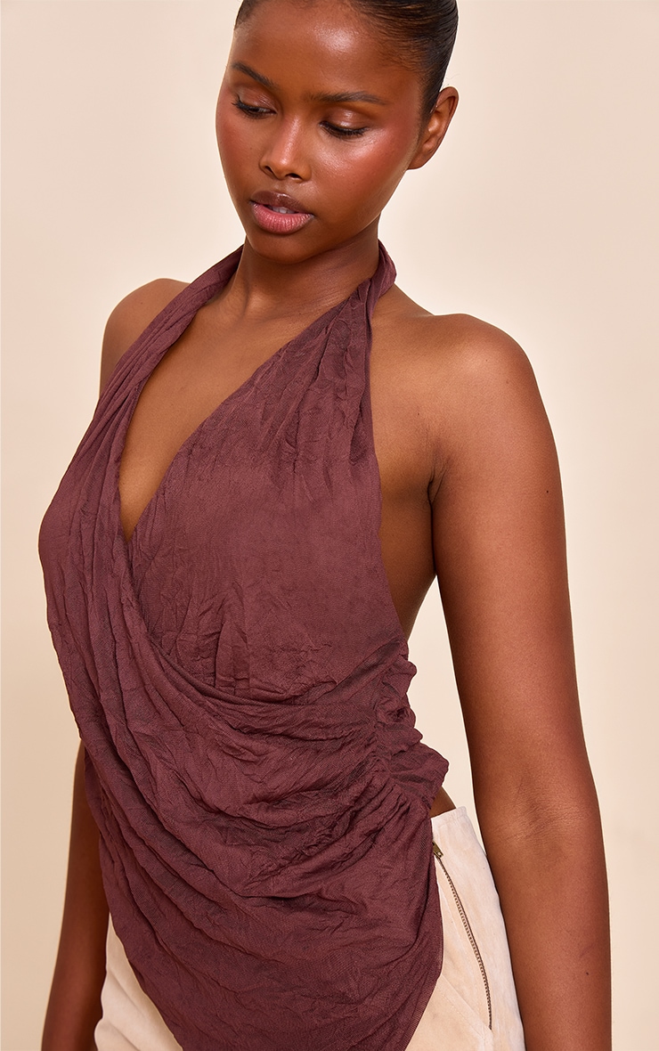 Chocolate Double Layer Crinkle Mesh Halter Neck Drapey Long Top image 4