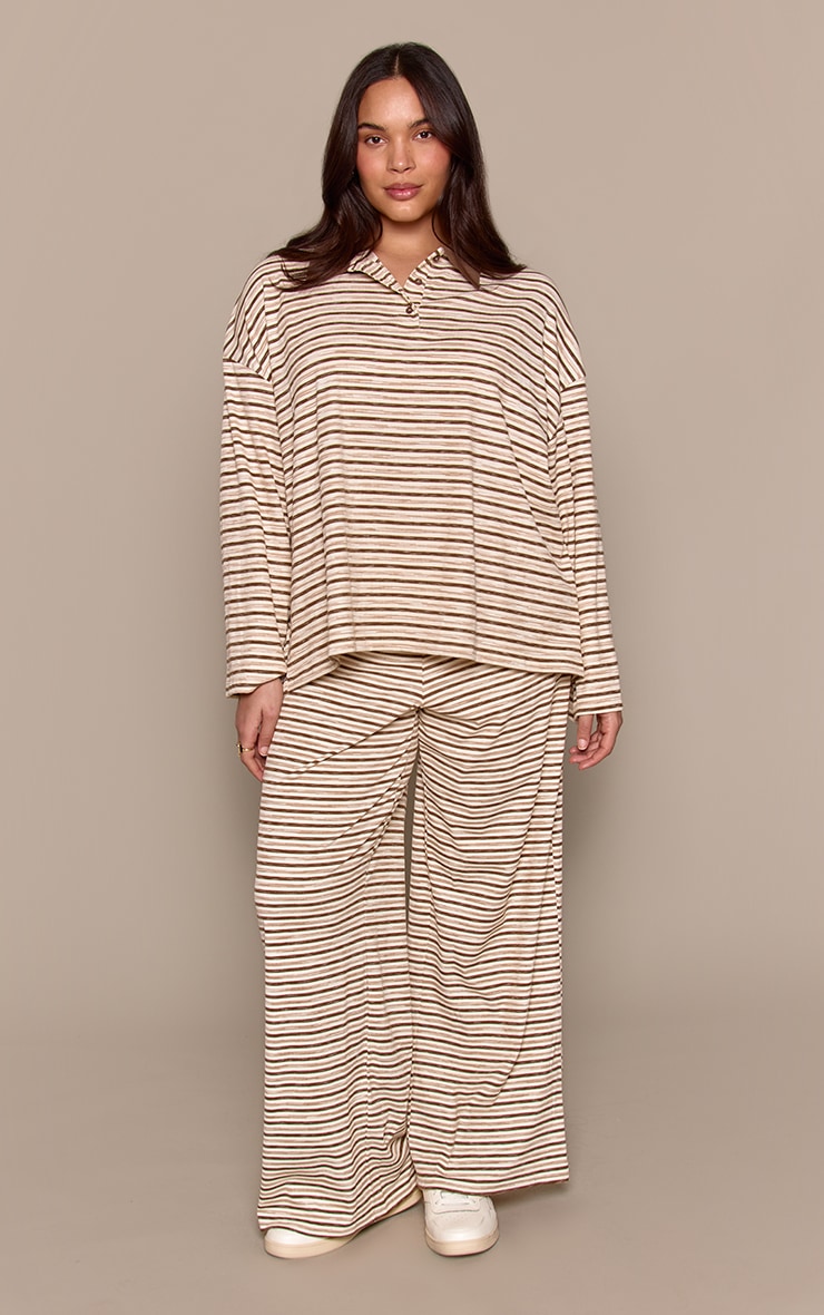 Plus Light Brown Soft Rib Striped Low Rise Straight Leg Trousers