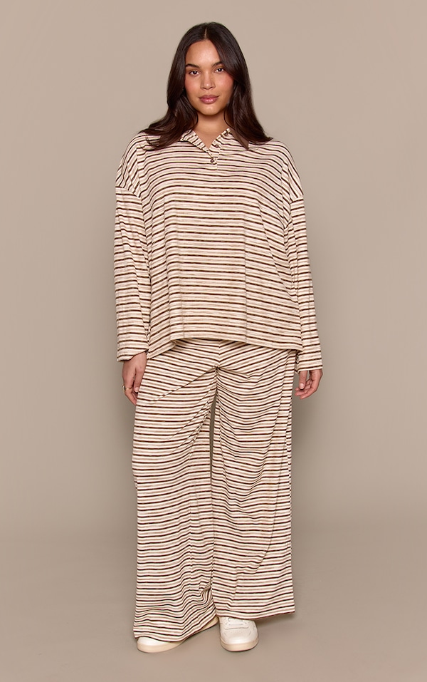 Plus Light Brown Soft Rib Striped Low Rise Straight Leg Pants