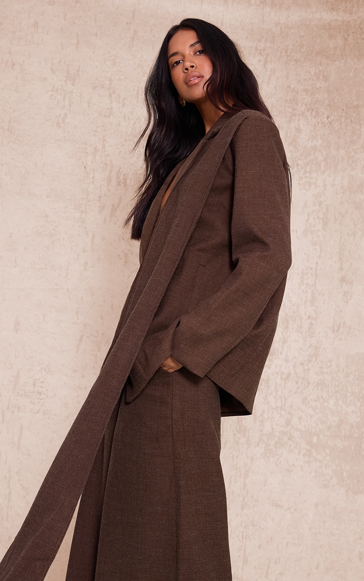 Dark Chocolate Woven Drape Scarf Detail Oversized Blazer image 4
