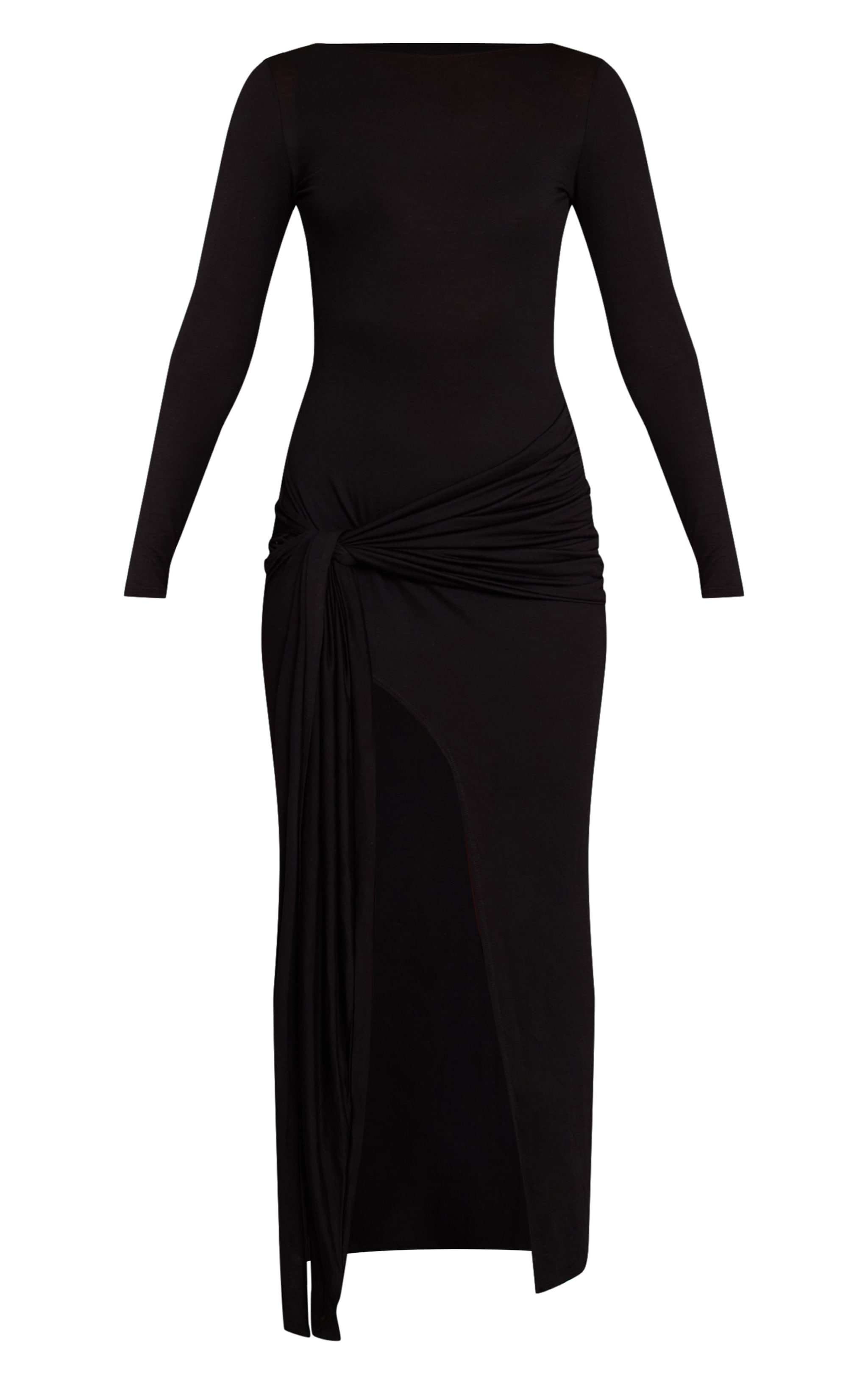 Black Jersey Knot Drape Detail Long Sleeve Maxi Dress image 5