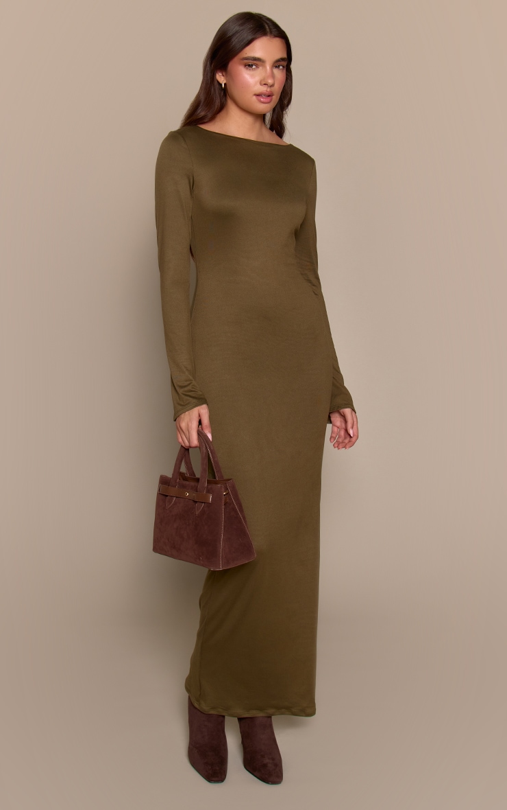 Khaki Soft Touch Jersey Long Sleeve Maxi Dress image 3