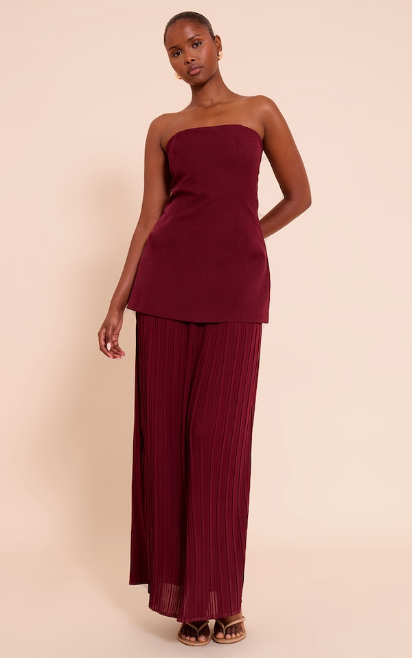 Robe bustier bordeaux à partie jupe en mousselinde soie plissée