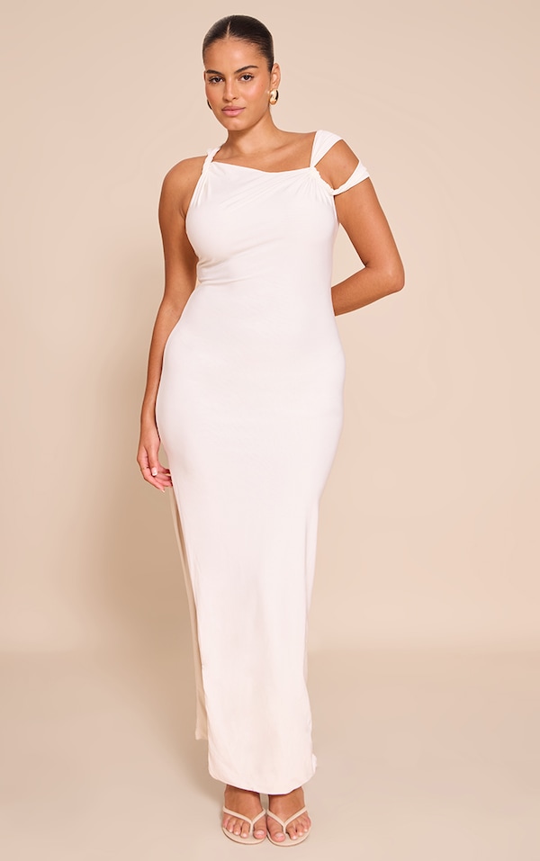 Plus White Double Layer Slinky Ruched Shoulder Maxi Dress
