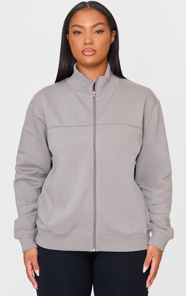 Plus Charcoal Seam Detail Zip Through Oversized Track Top image 1