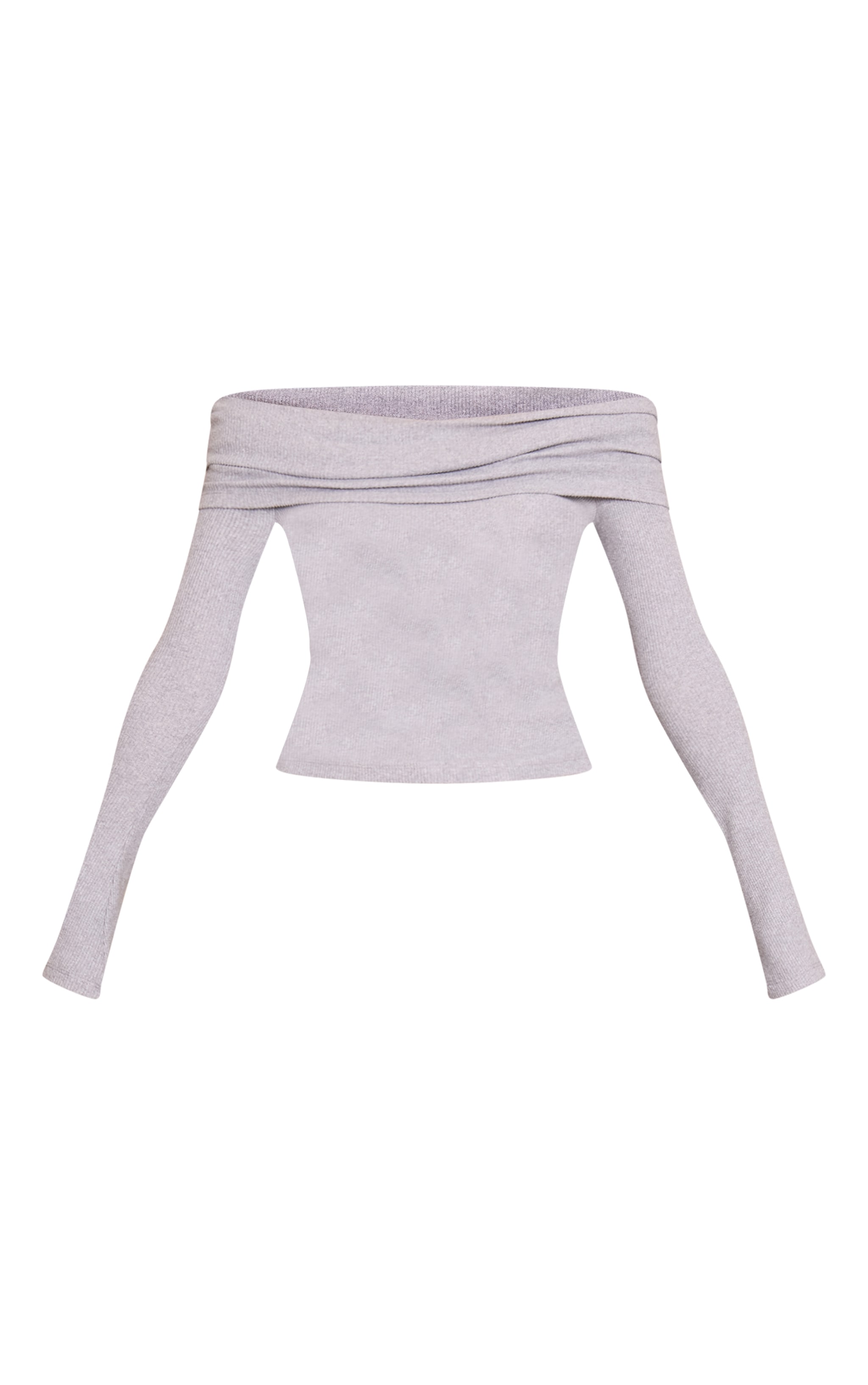Grey Marl Thick Brushed Rib Extreme Foldover Bardot Detail Long Sleeve Top image 5