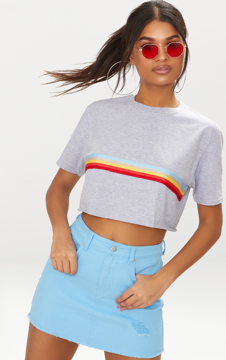 Grey Marl Rainbow Sporty Tape Crop T Shirt image 1