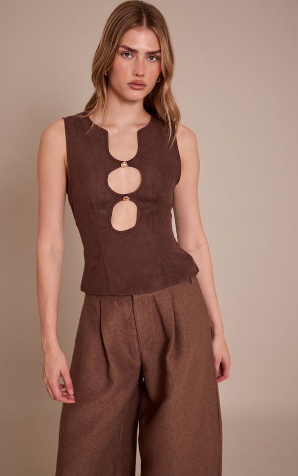 Brown Faux Suede Fitted Cut Out Long Top