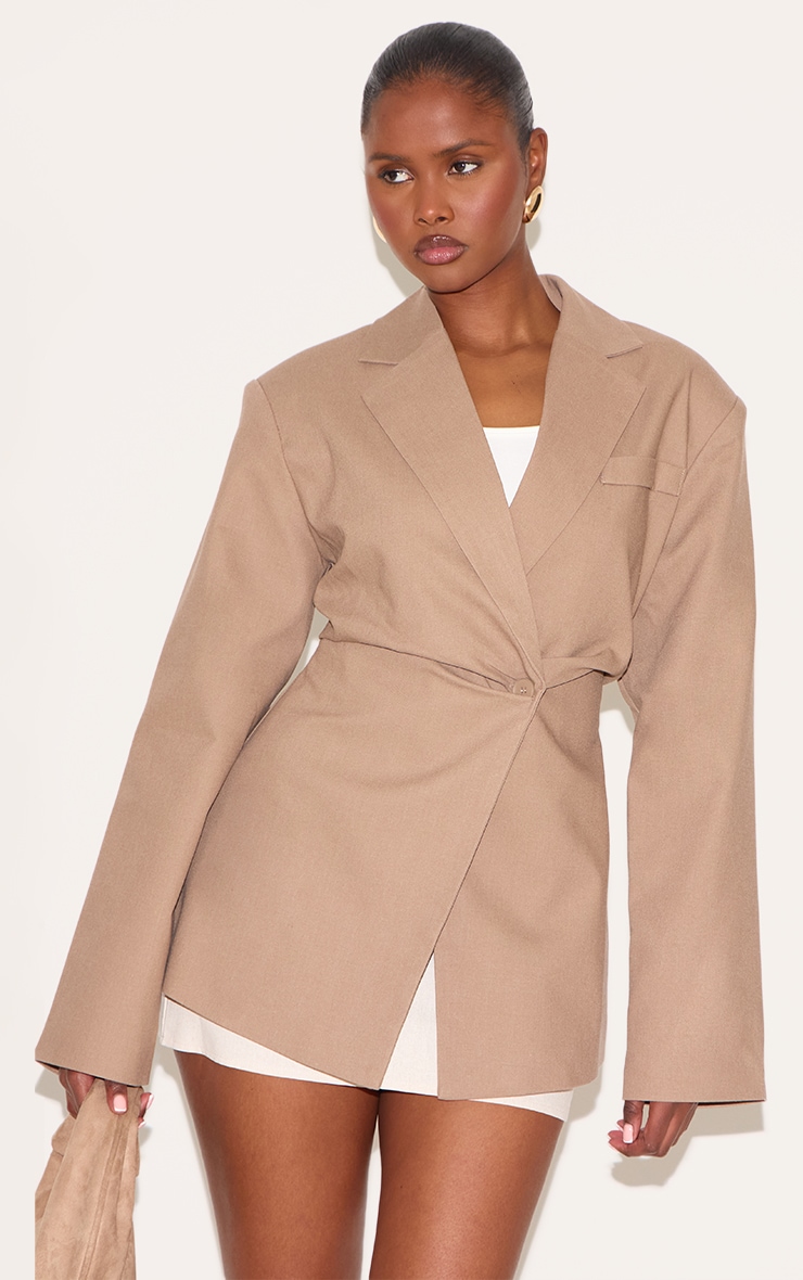 Taupe Linen Look Tailored Cinched Waist Blazer image 4