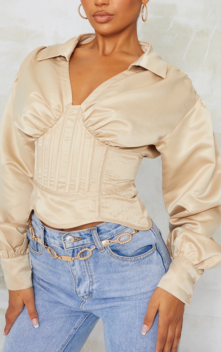 Taupe Satin Ruched Balloon Sleeve Boned Corset Detail Shirt image 4