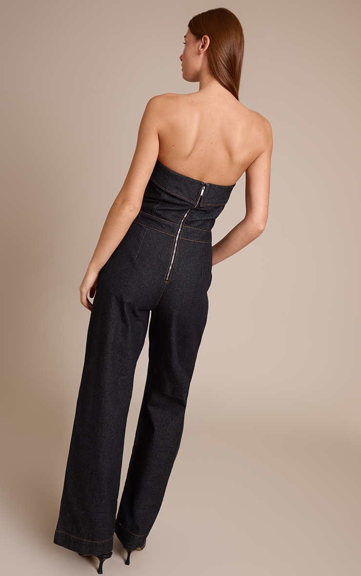 Combinaison bustier en jean indigo foncé délavé à bordure repliée image 2