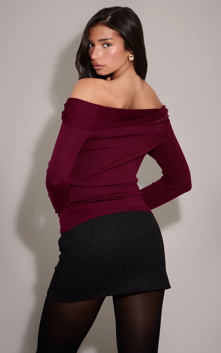 Burg Long Sleeve Twist Shoulder Detail Knitted Top image 2