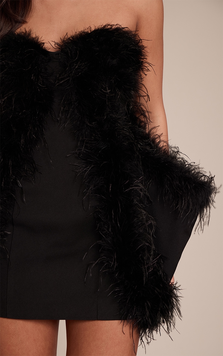 Premium Black Feather Trim Hip Detail Bandeau Bodycon Dress image 4