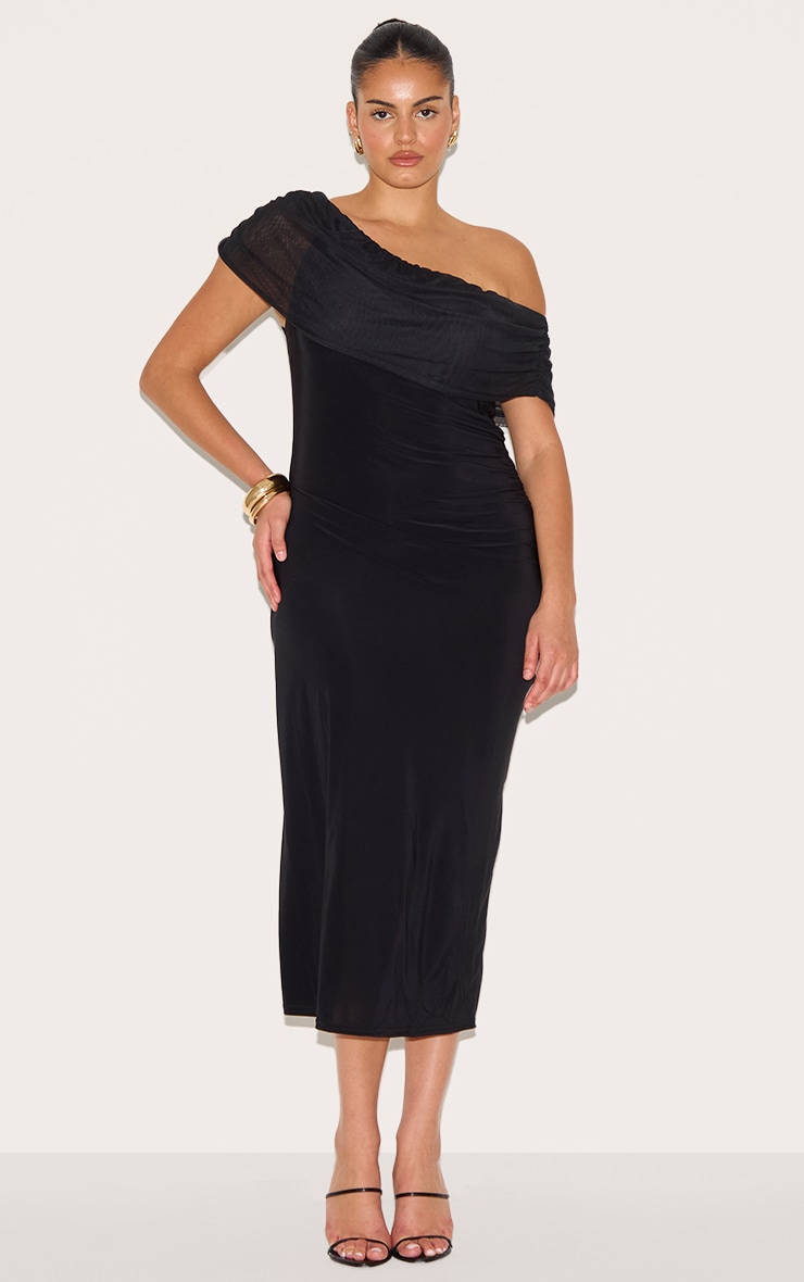 Plus Black Double Layer Slinky Mesh Overlay Maxi Dress image 1