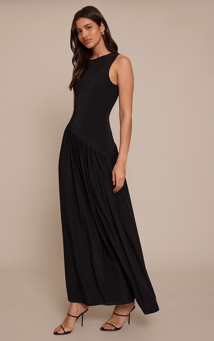 Tall Black Double Layer Soft Touch Asymmetric Maxi Dress image 3