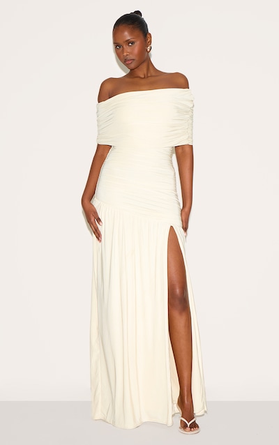 Cream Double Layer Slinky Bardot One Shoulder Ruched Maxi Dress