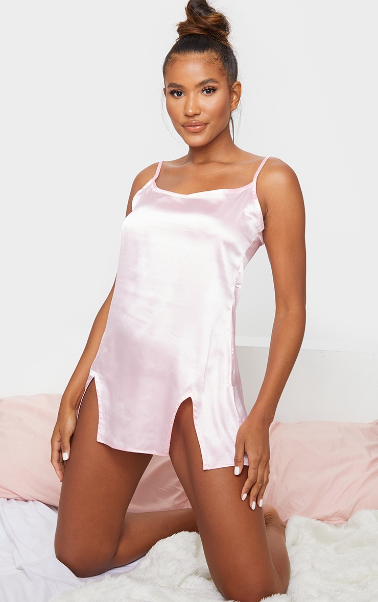 Baby Pink Thigh Split Satin Nightie