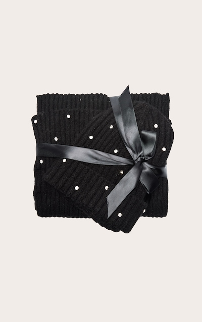 Black Ribbed Diamante Hat and Scarf Gift Set